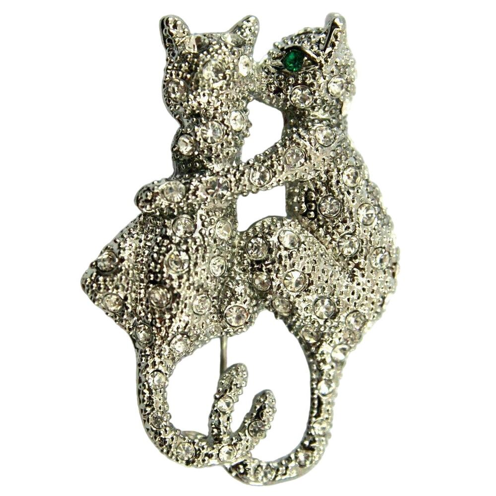 Brooch Pendant Two Cats Kittens Hugging Kissing Silvertone Rhinestone Green Eye